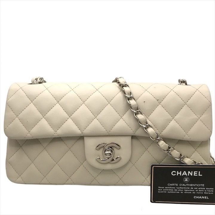 Chanel CC Logo Turnlock Lambskin Chain Shoulder Bag White Purse