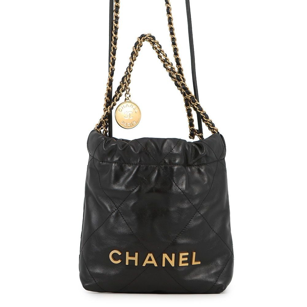 Chanel Handbag 22 Mini CC Logo Shiny Calf Leather 2-Way Black