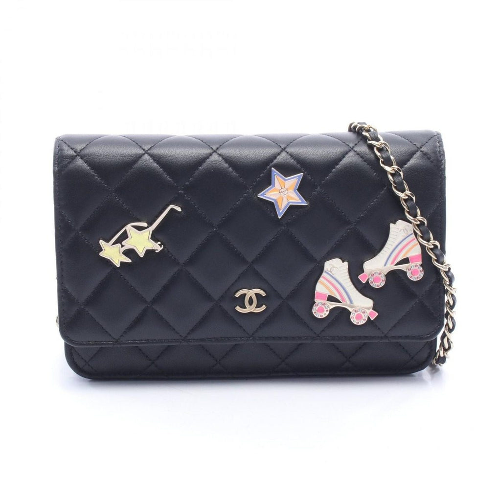 Chanel Shoulder Bag Quilted Black Lambskin Icon Charm Chain Wallet