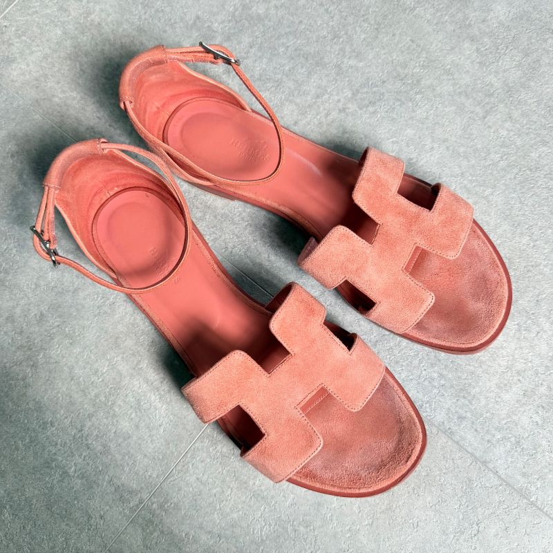 Hermes Santoni Strap Sandals Flat Shoes Coral Orange Suedeleather 38 — view 2