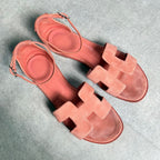 Hermes Santoni Strap Sandals Flat Shoes Coral Orange Suedeleather 38 — view 2