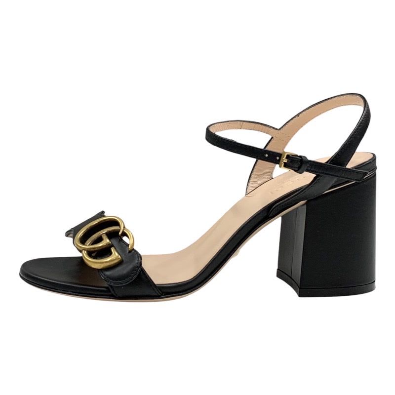 Gucci Double G Sandals Shoes Leather Black Gold GG Marmont Ankle Strap — view 3