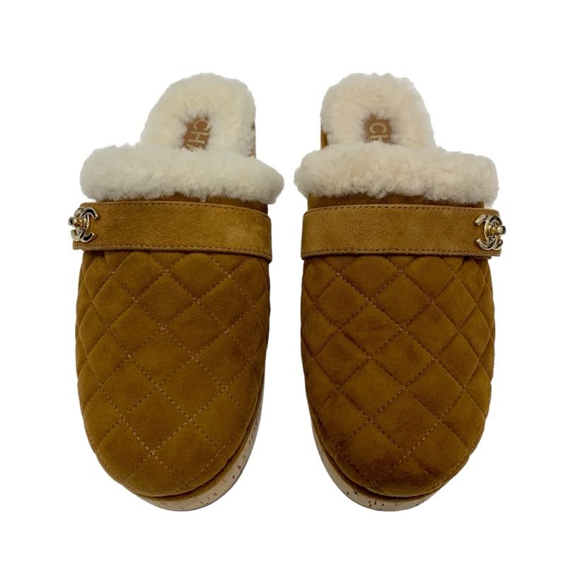 Chanel Sandals Shoes Suede Mouton Cork Brown Gold Sabot Mule Turnlock Coco Mark — view 2