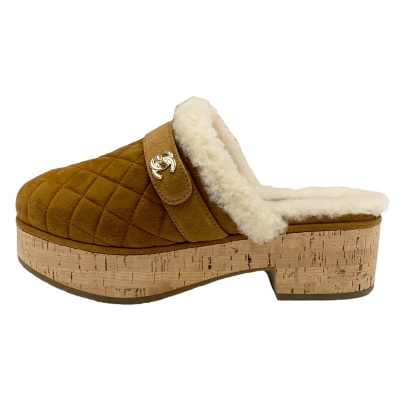 Chanel Sandals Shoes Suede Mouton Cork Brown Gold Sabot Mule Turnlock Coco Mark — view 3