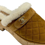 Chanel Sandals Shoes Suede Mouton Cork Brown Gold Sabot Mule Turnlock Coco Mark — view 9
