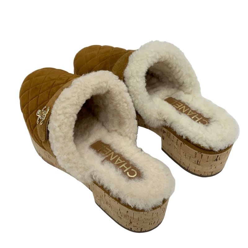 Chanel Sandals Shoes Suede Mouton Cork Brown Gold Sabot Mule Turnlock Coco Mark — view 4