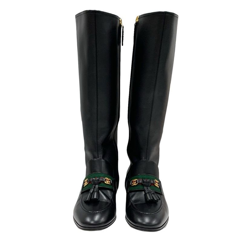Gucci Boots Long Shoes Leather Black Gold Tassel Sherry Line — view 2