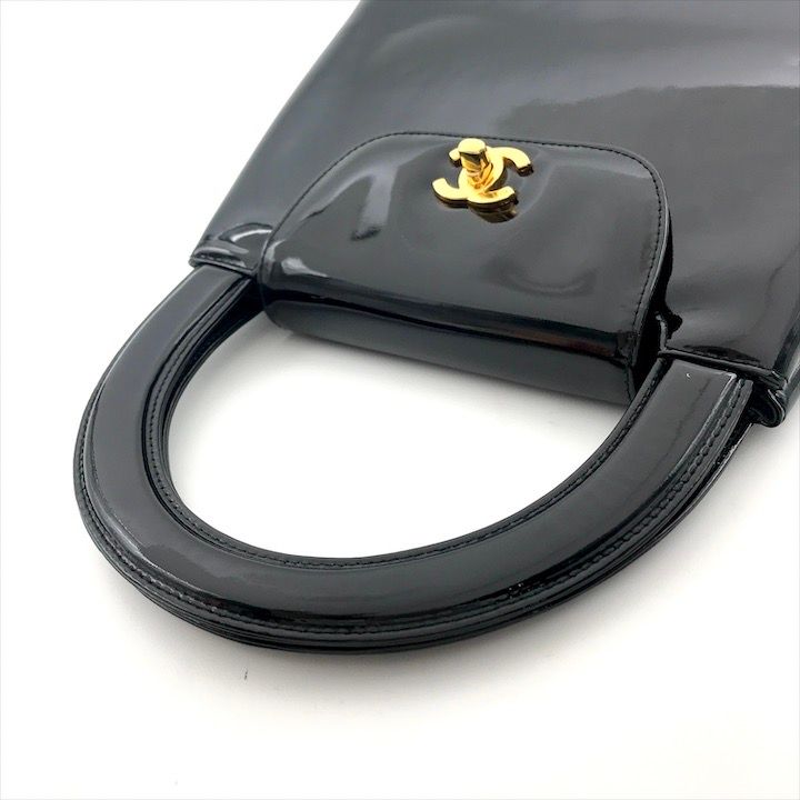 Chanel CC Logo Turnlock Patent Hand Bag Black Bag — view 7