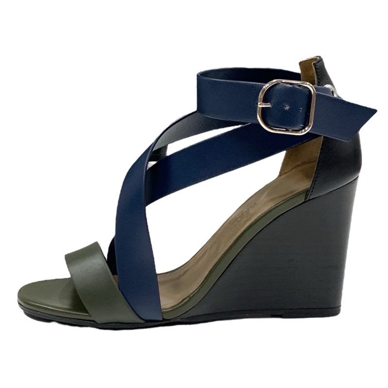 Hermes Sandals Shoes Leather Navy Khaki Black Wedge Sole — view 3
