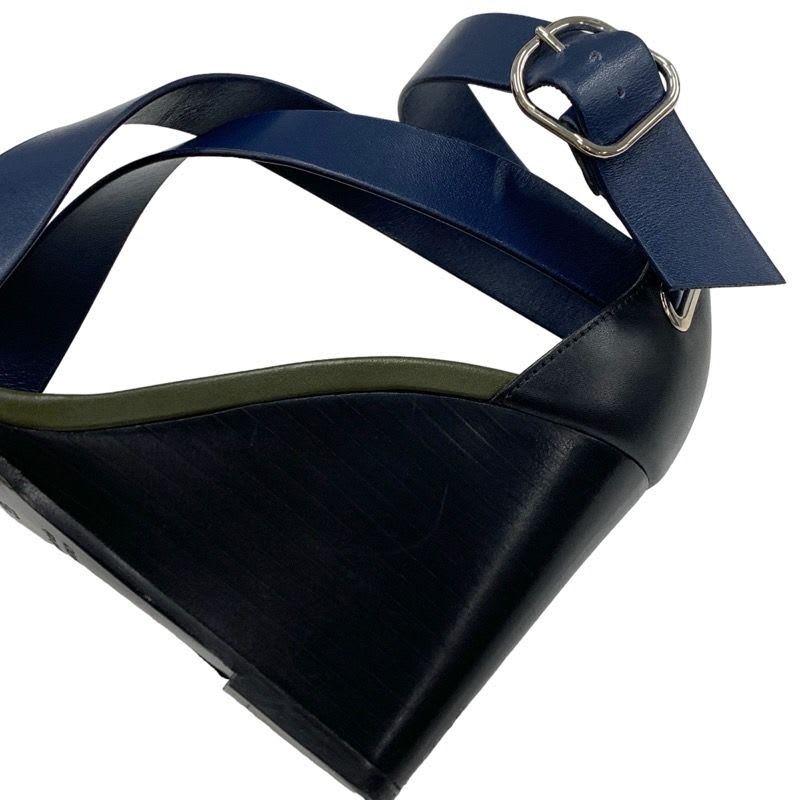 Hermes Sandals Shoes Leather Navy Khaki Black Wedge Sole — view 9