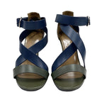 Hermes Sandals Shoes Leather Navy Khaki Black Wedge Sole — view 2