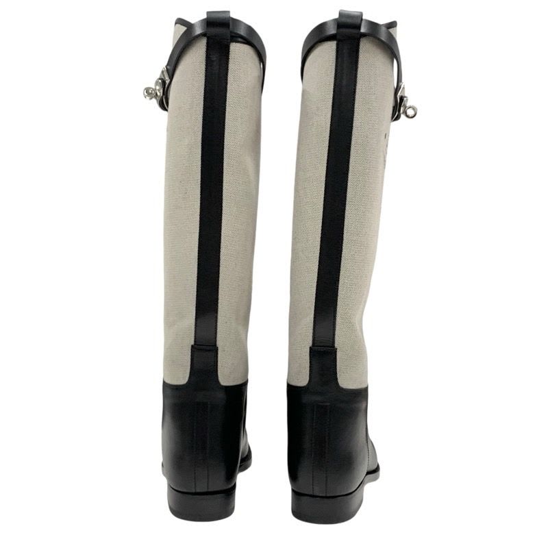 Hermes Jumping Boots Long Shoes Canvas Leather Beige Black Silver Kelly — view 5