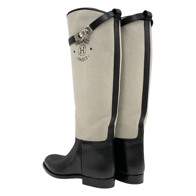 Hermes Jumping Boots Long Shoes Canvas Leather Beige Black Silver Kelly — view 4