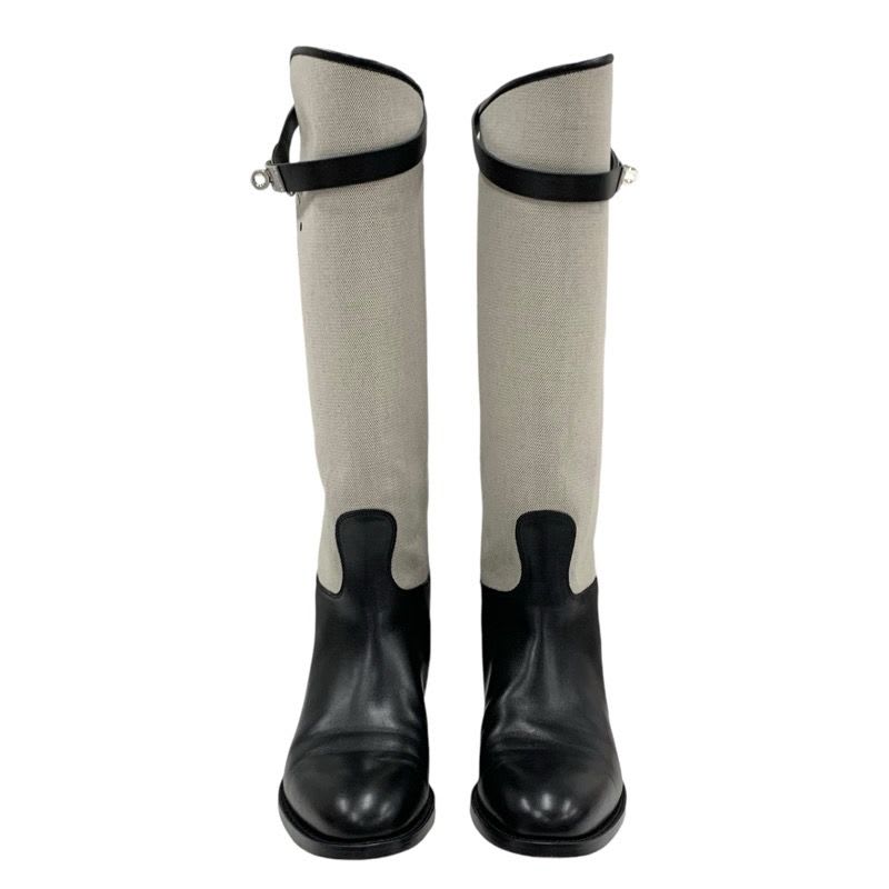 Hermes Jumping Boots Long Shoes Canvas Leather Beige Black Silver Kelly — view 2