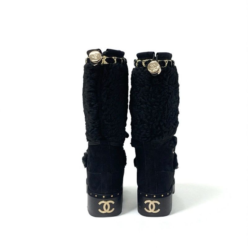 Chanel Boots Long Shoes Suede Shearling Black Gold Coco Mark Studs Lace Up — view 5