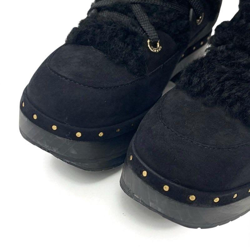 Chanel Boots Long Shoes Suede Shearling Black Gold Coco Mark Studs Lace Up — view 9