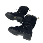 Chanel Boots Long Shoes Suede Shearling Black Gold Coco Mark Studs Lace Up — view 6
