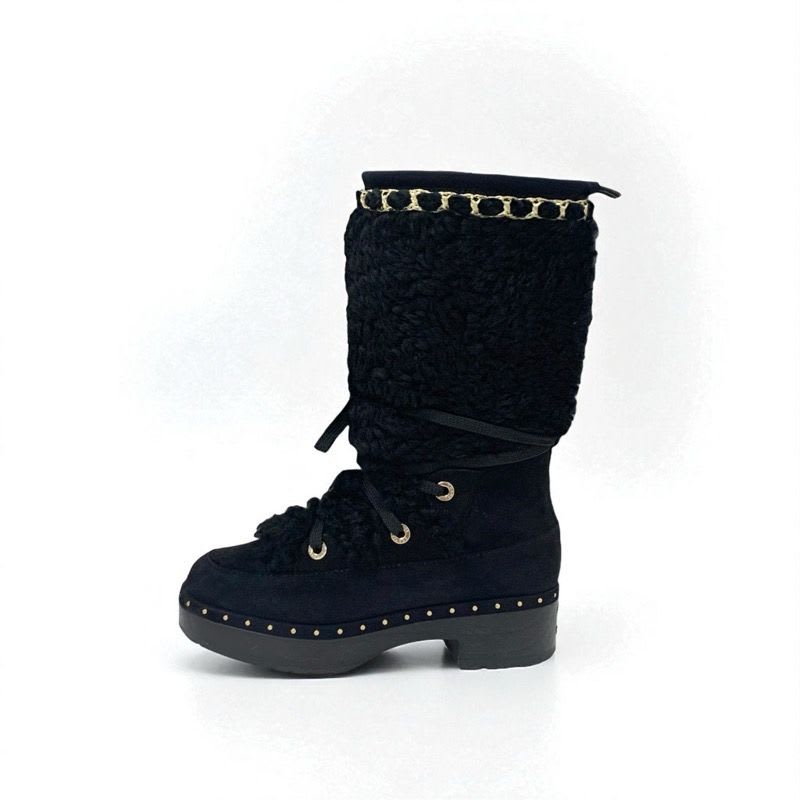 Chanel Boots Long Shoes Suede Shearling Black Gold Coco Mark Studs Lace Up — view 3