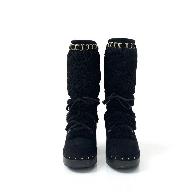 Chanel Boots Long Shoes Suede Shearling Black Gold Coco Mark Studs Lace Up — view 2