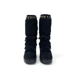 Chanel Boots Long Shoes Suede Shearling Black Gold Coco Mark Studs Lace Up — view 2