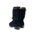 Chanel Boots Long Shoes Suede Shearling Black Gold Coco Mark Studs Lace Up — view 4