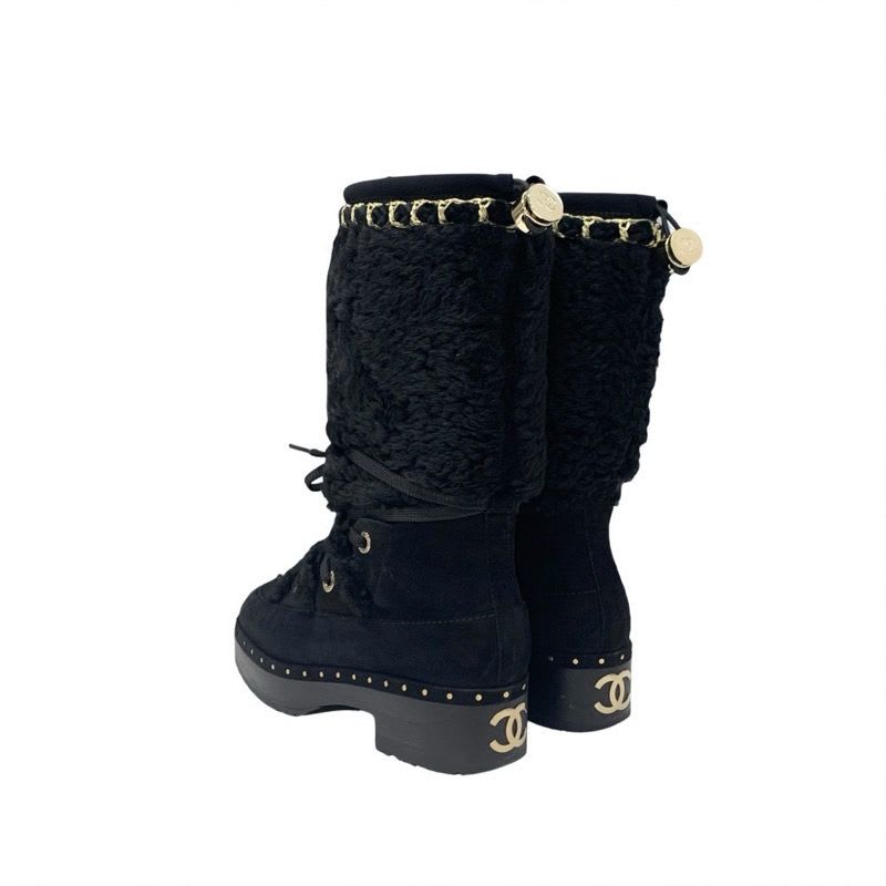 Chanel Boots Long Shoes Suede Shearling Black Gold Coco Mark Studs Lace Up — view 4