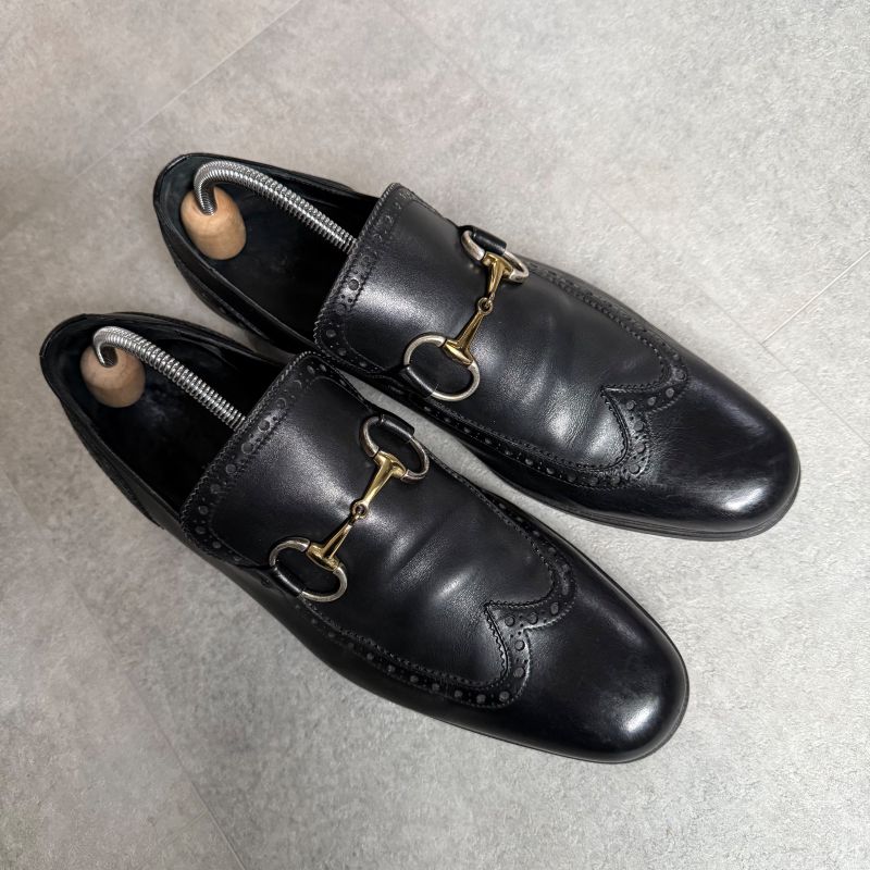 Gucci Horsebit Loafer Wingtip Leather Black Gold Silver Hardware Business Shoes — view 2