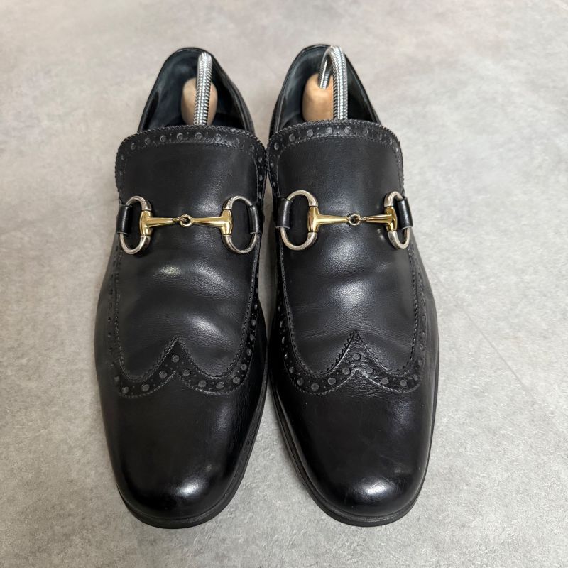 Gucci Horsebit Loafer Wingtip Leather Black Gold Silver Hardware Business Shoes — view 6
