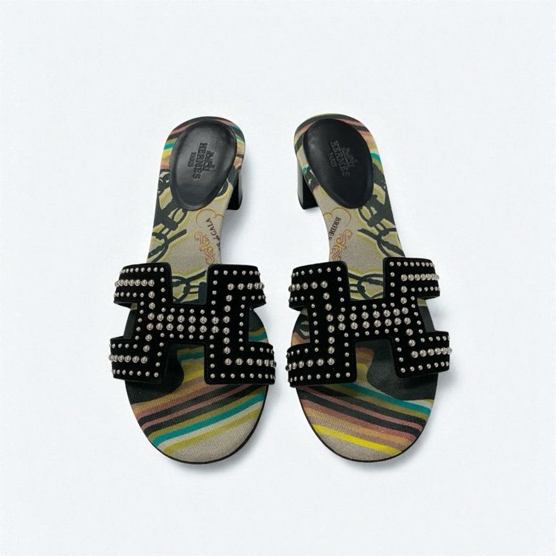 Hermes Oasis Sandals Shoes Suede Black Multicolor Studded Mules — view 2