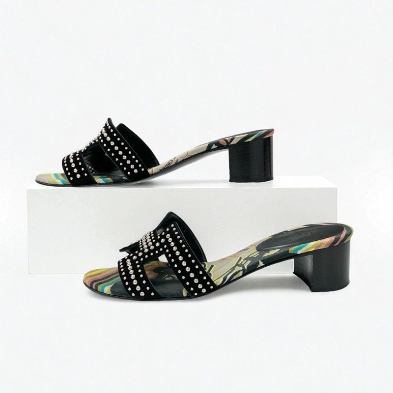 Hermes Oasis Sandals Shoes Suede Black Multicolor Studded Mules — view 3