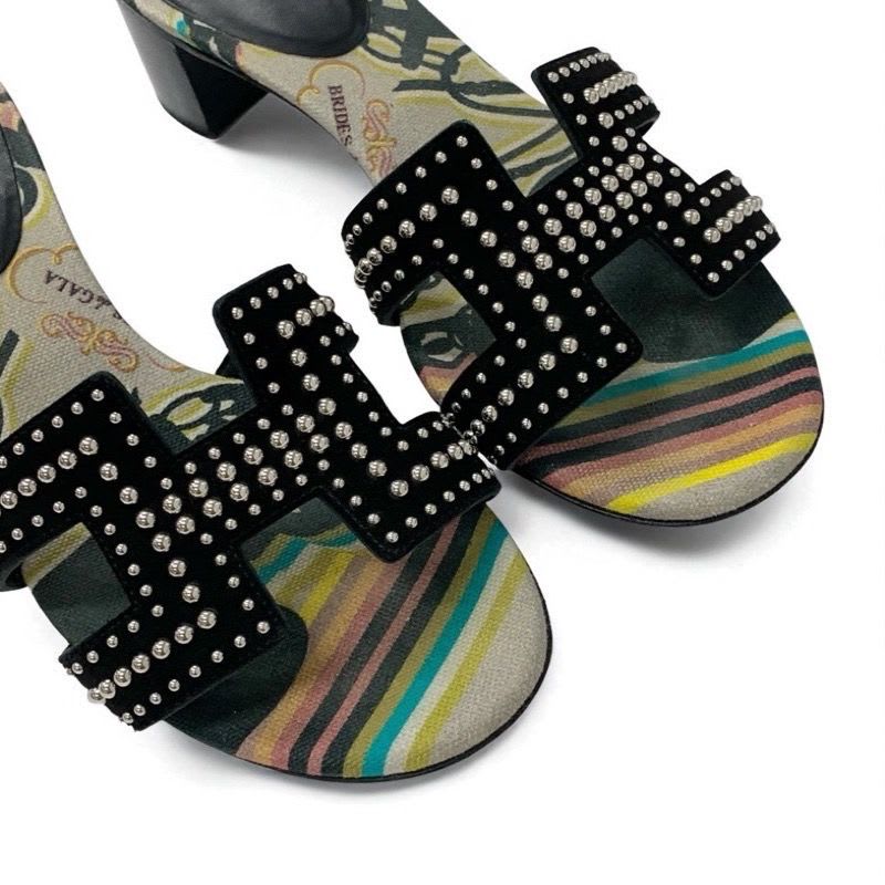 Hermes Oasis Sandals Shoes Suede Black Multicolor Studded Mules — view 8