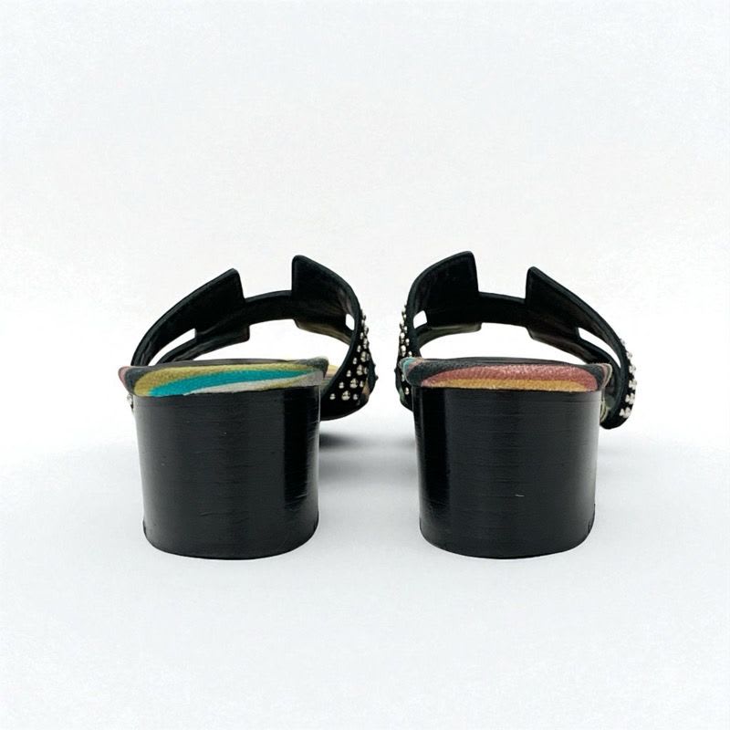 Hermes Oasis Sandals Shoes Suede Black Multicolor Studded Mules — view 4