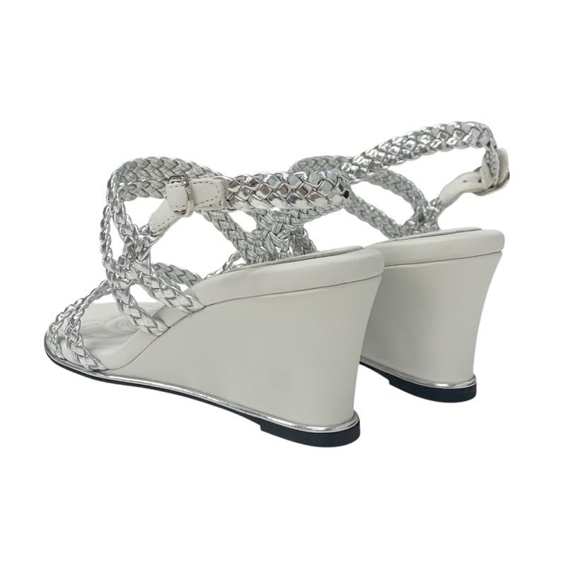 Chanel Sandals Shoes Leather Silver White Strap Braided Wedge Sole — view 4