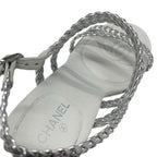 Chanel Sandals Shoes Leather Silver White Strap Braided Wedge Sole — view 7