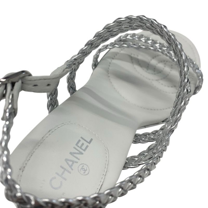 Chanel Sandals Shoes Leather Silver White Strap Braided Wedge Sole — view 7