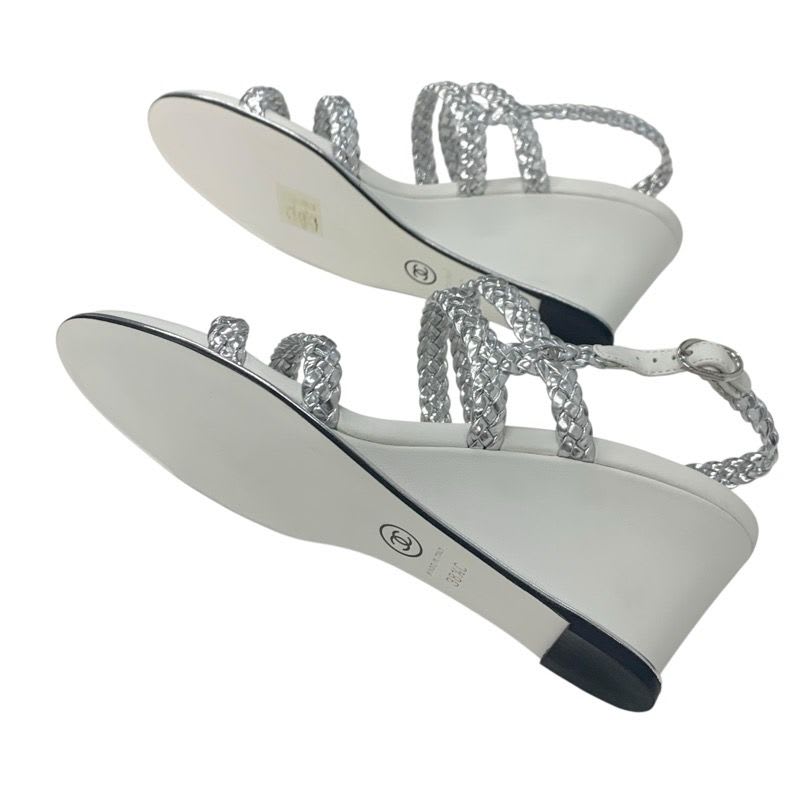 Chanel Sandals Shoes Leather Silver White Strap Braided Wedge Sole — view 6