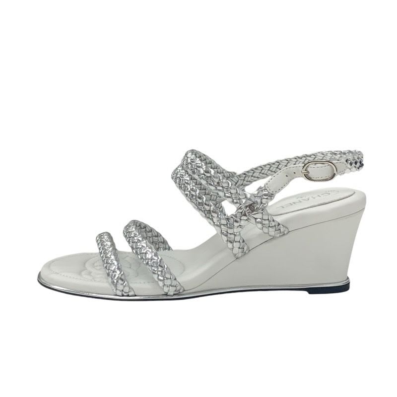 Chanel Sandals Shoes Leather Silver White Strap Braided Wedge Sole — view 3