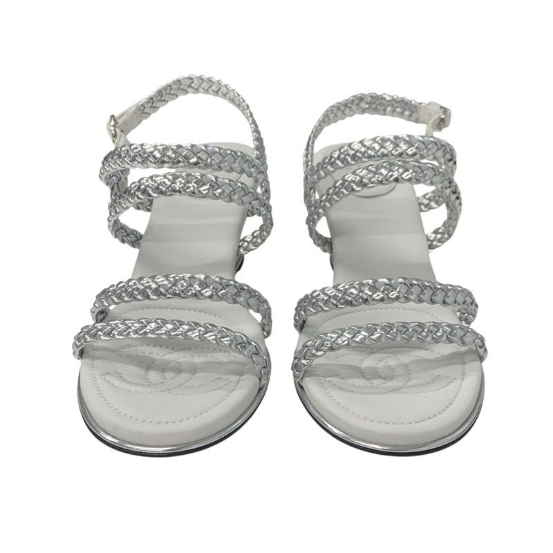 Chanel Sandals Shoes Leather Silver White Strap Braided Wedge Sole — view 2
