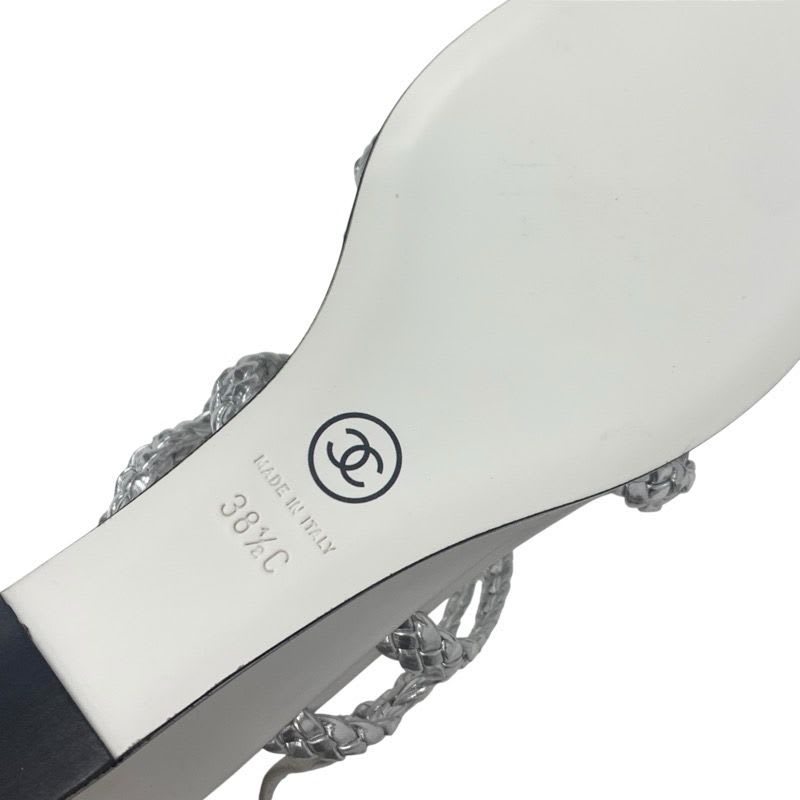 Chanel Sandals Shoes Leather Silver White Strap Braided Wedge Sole — view 8