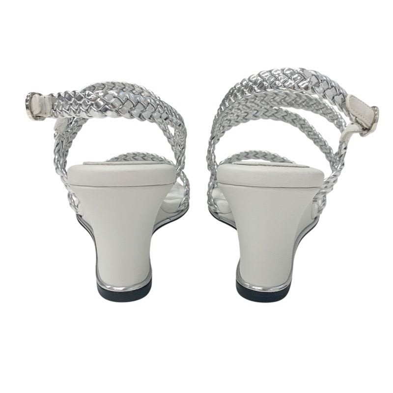 Chanel Sandals Shoes Leather Silver White Strap Braided Wedge Sole — view 5