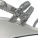 Chanel Sandals Shoes Leather Silver White Strap Braided Wedge Sole — view 9