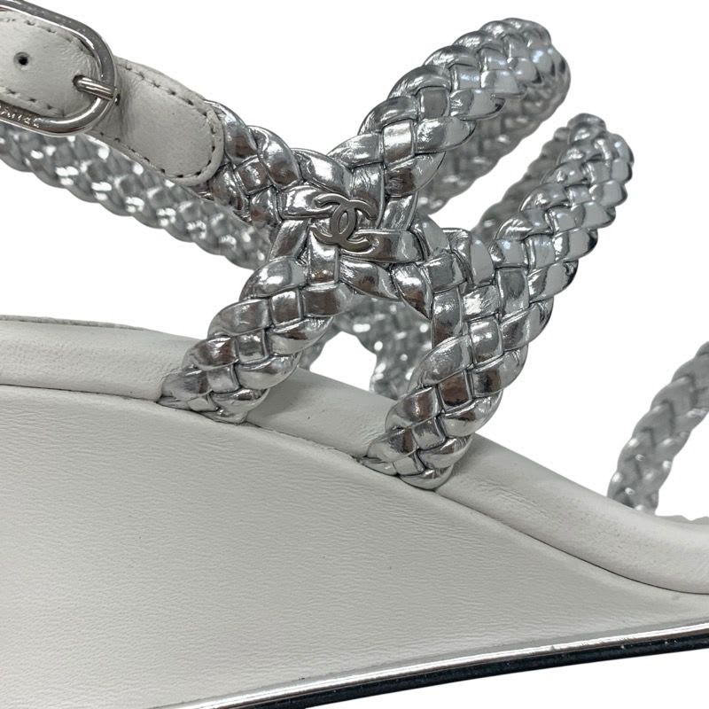 Chanel Sandals Shoes Leather Silver White Strap Braided Wedge Sole — view 9