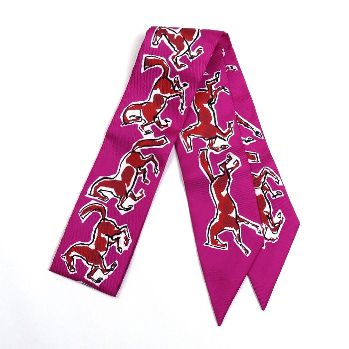 Hermes Twilly Chevaux En Liberte Liberty Horse Scarf Pink Red White S 16 — view 2