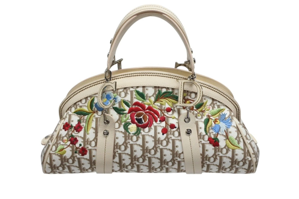 Dior Trotter Handbag Floral Embroidery Canvas Beige