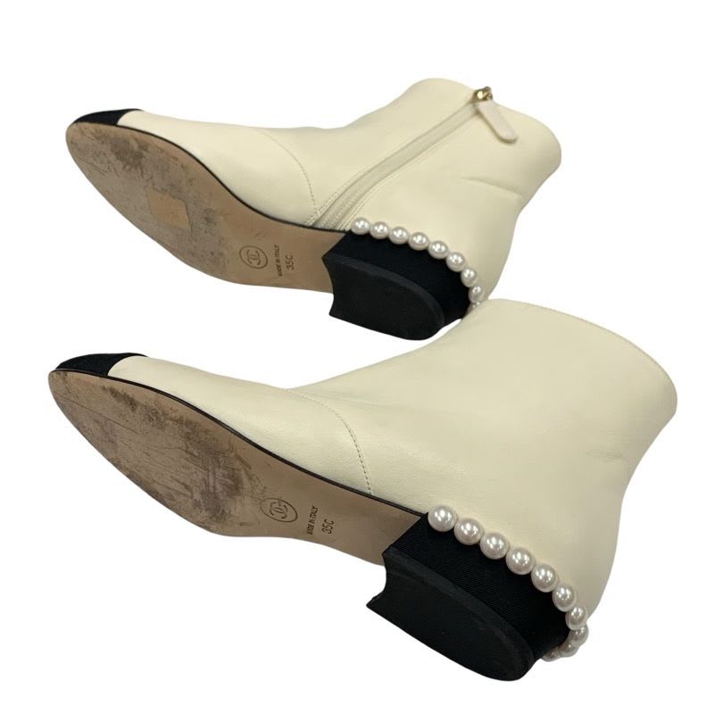 Chanel Boots Short Shoes Leather Fabric Ivory Black Coco Mark Pearl — view 6