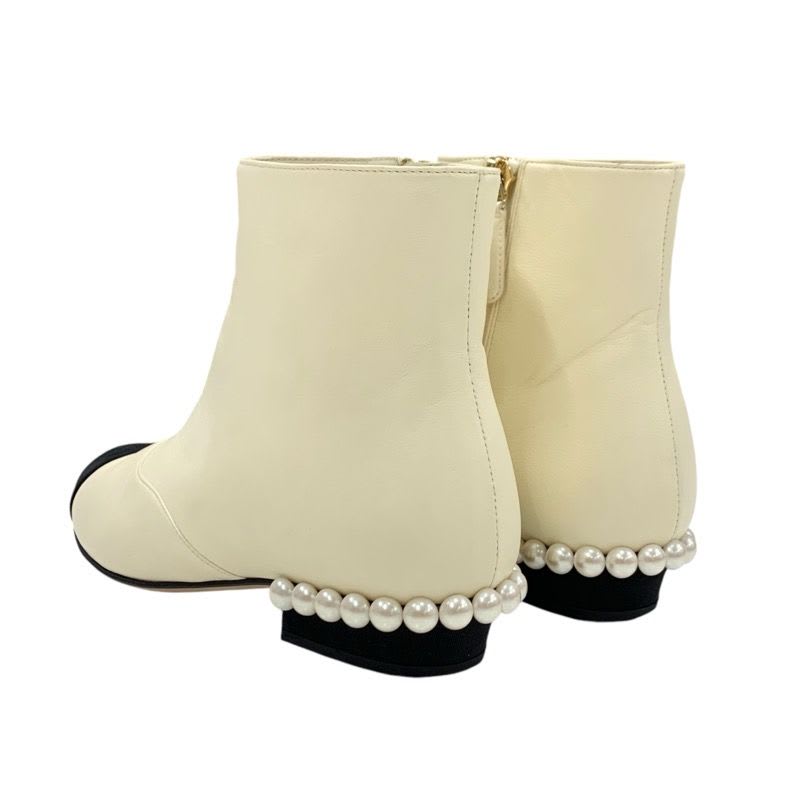 Chanel Boots Short Shoes Leather Fabric Ivory Black Coco Mark Pearl — view 4