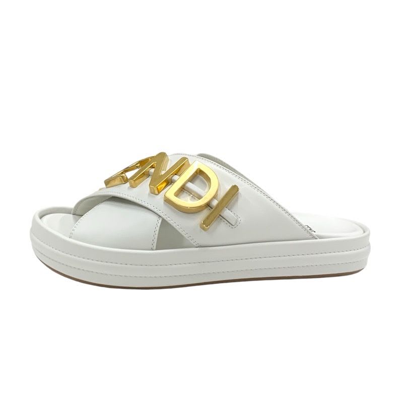 Fendi Sandals Shoes Leather White Gold Metal Logo — view 3