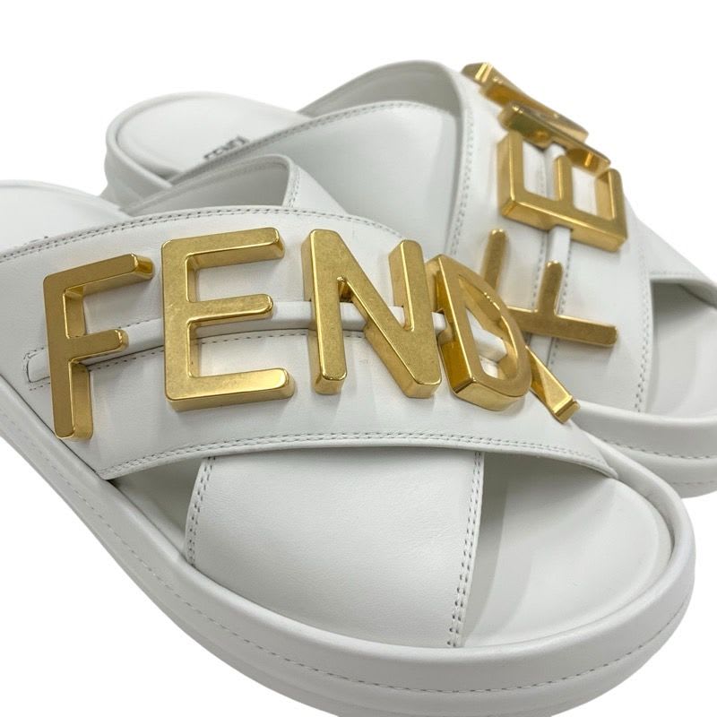 Fendi Sandals Shoes Leather White Gold Metal Logo — view 9