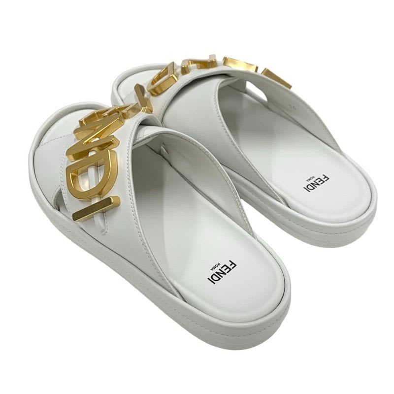 Fendi Sandals Shoes Leather White Gold Metal Logo — view 4