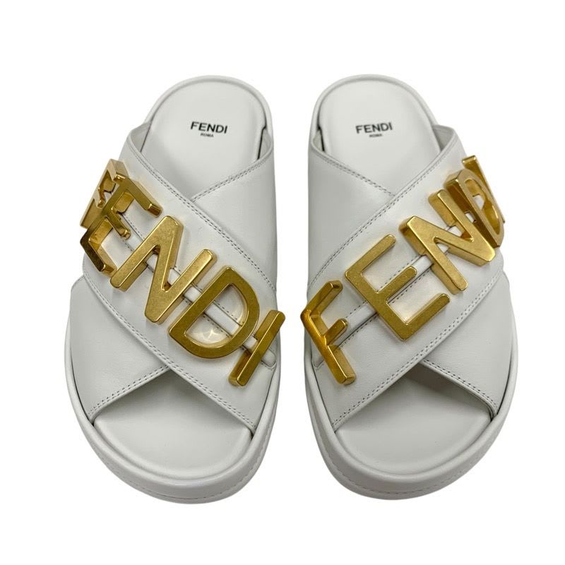 Fendi Sandals Shoes Leather White Gold Metal Logo — view 2